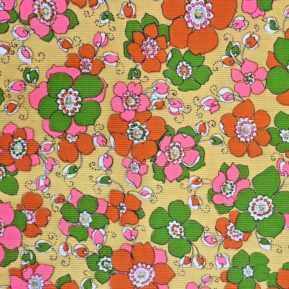 Vintage 1970s Mod Floral Corduroy Fabric Pink Orange Green 44x118" Flower Power